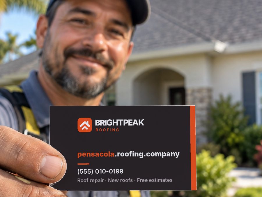 pensacola.roofing.company on a roofer's business card