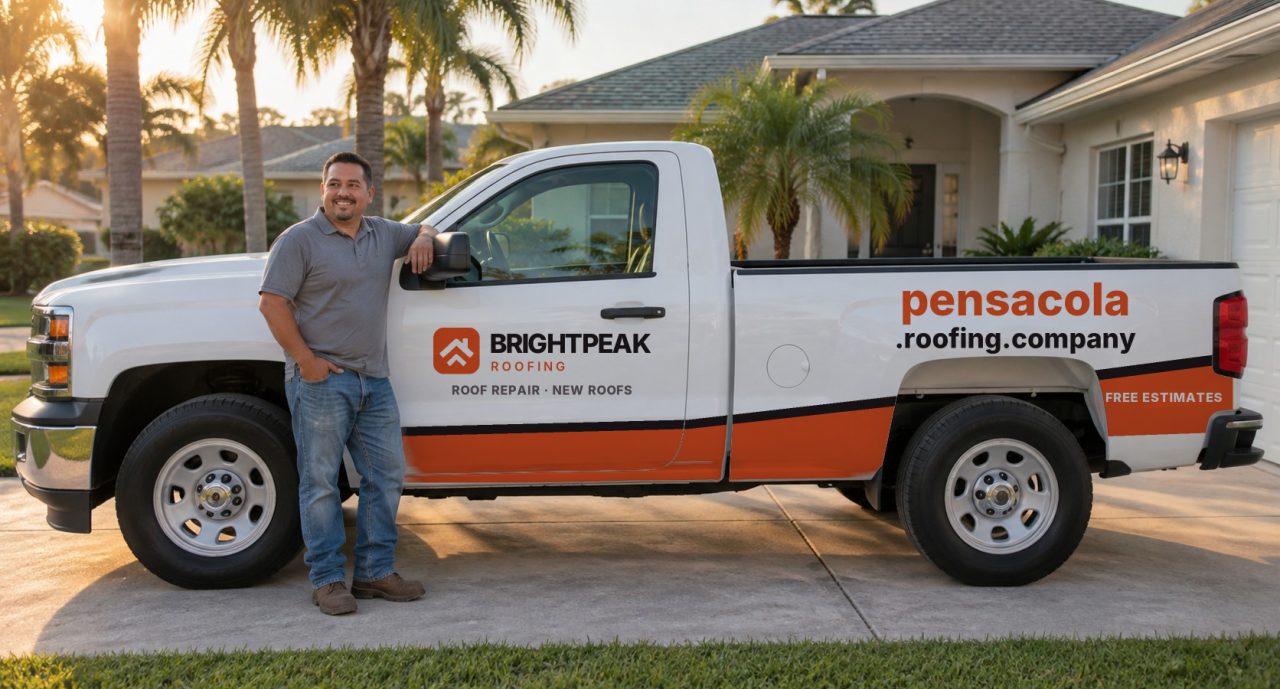 pensacola.roofing.company painted on the side of a white work truck
