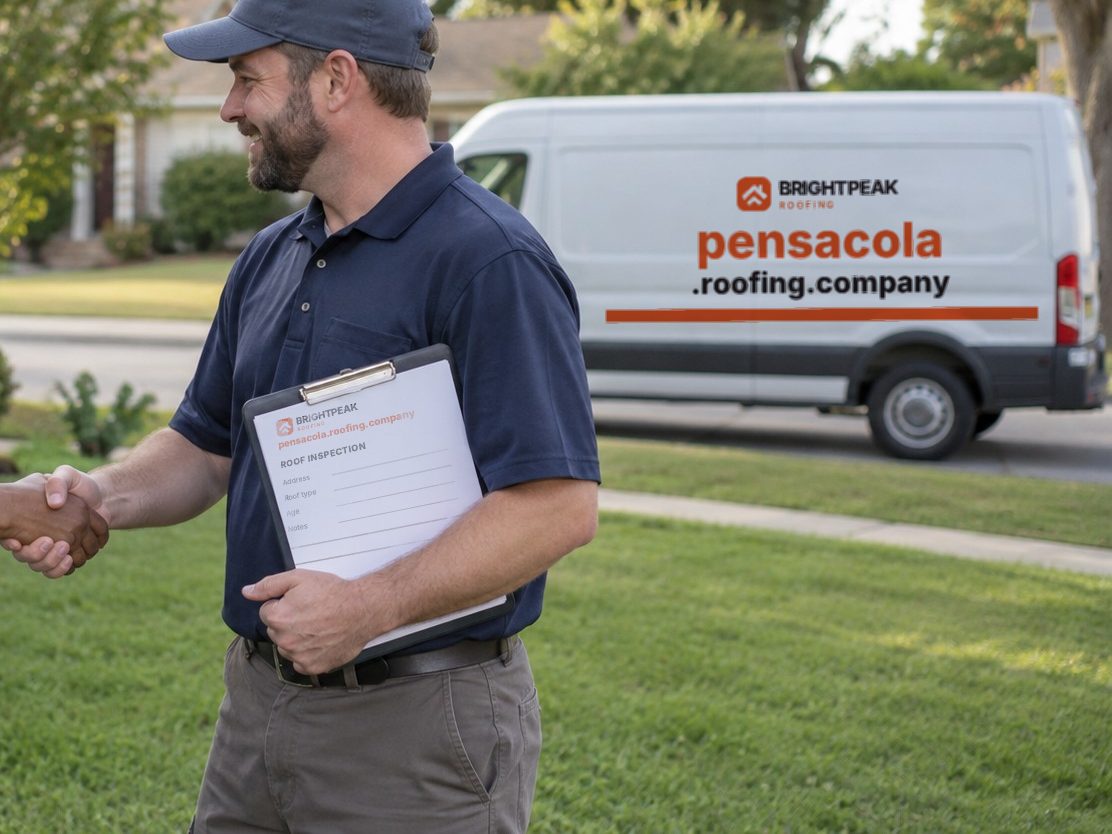 pensacola.roofing.company on a roofing van and an inspection form